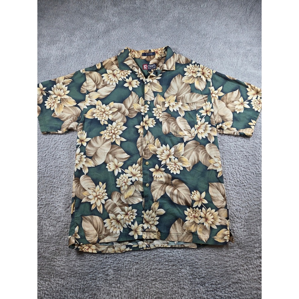 Chaps Button Down Shirt L Green Tan Floral Tropical Leaf Cotton Mens Top